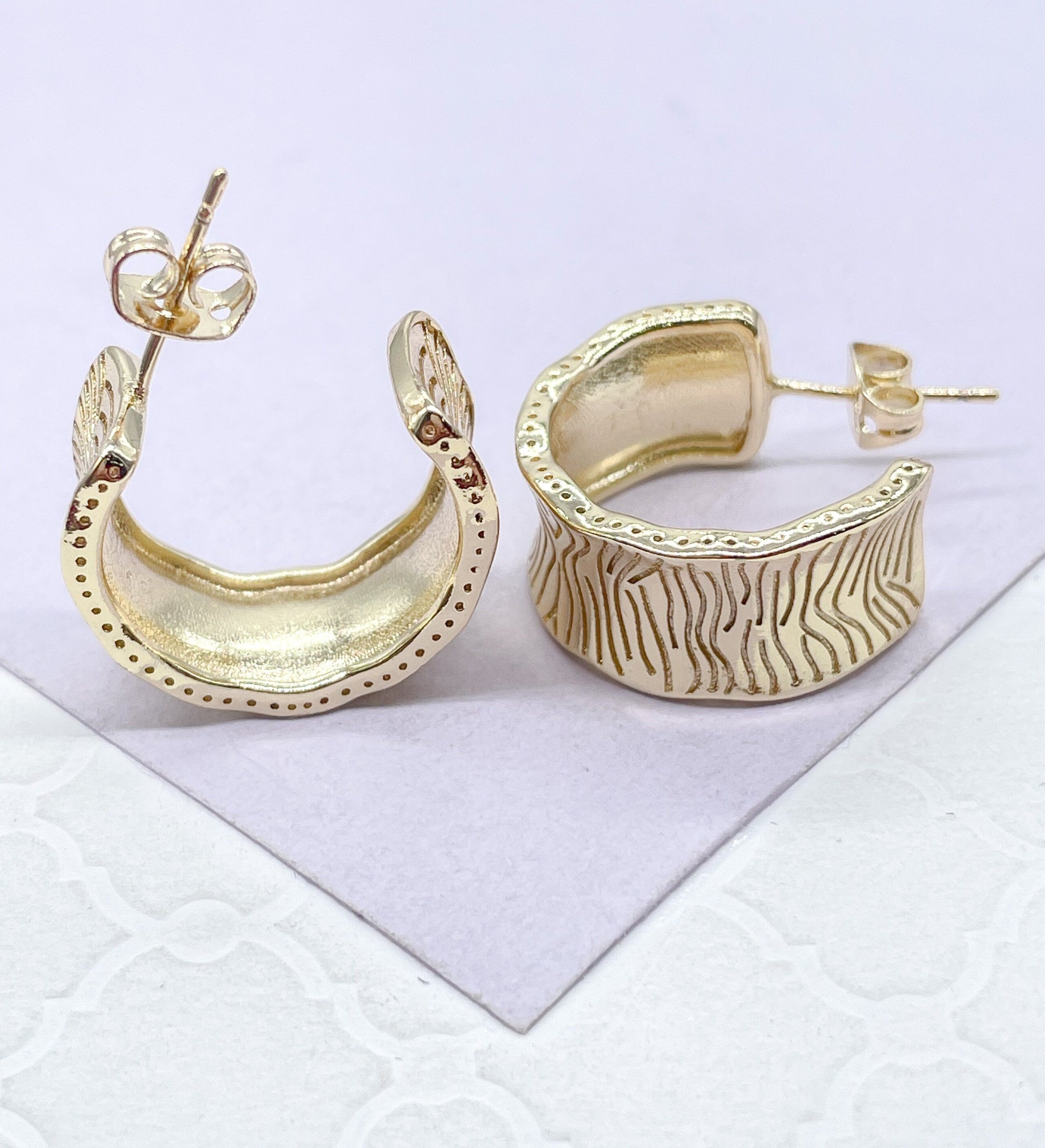 18k Gold Filled Wide Tree Trunk Patterned Open Hoop Earrings