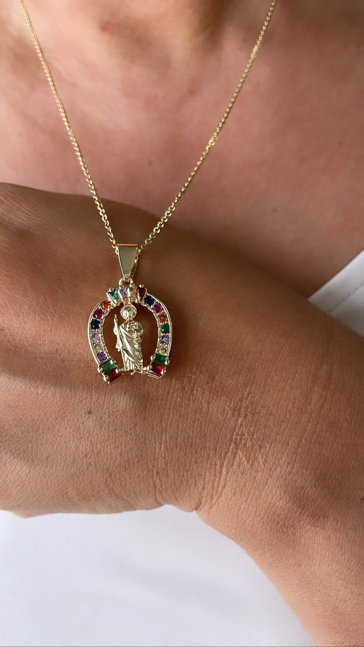 18k Gold Filled Saint Jude Charm Colorful Baguette and Round CZ Charm