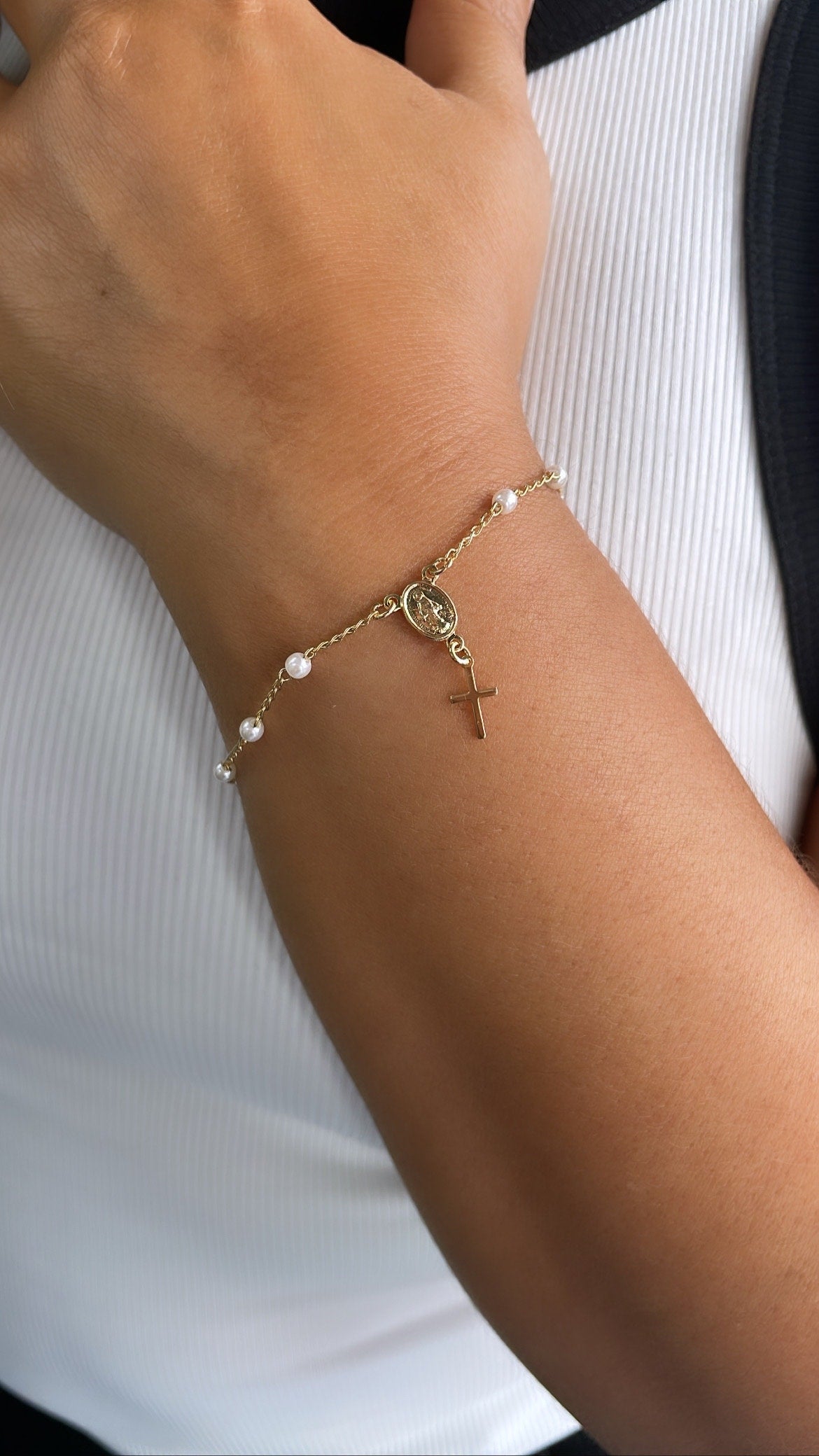 18k Dainty Gold Filled Beaded Pearl Satellite Rosary Bracelet with Virgin Mary and Crucifix Charm