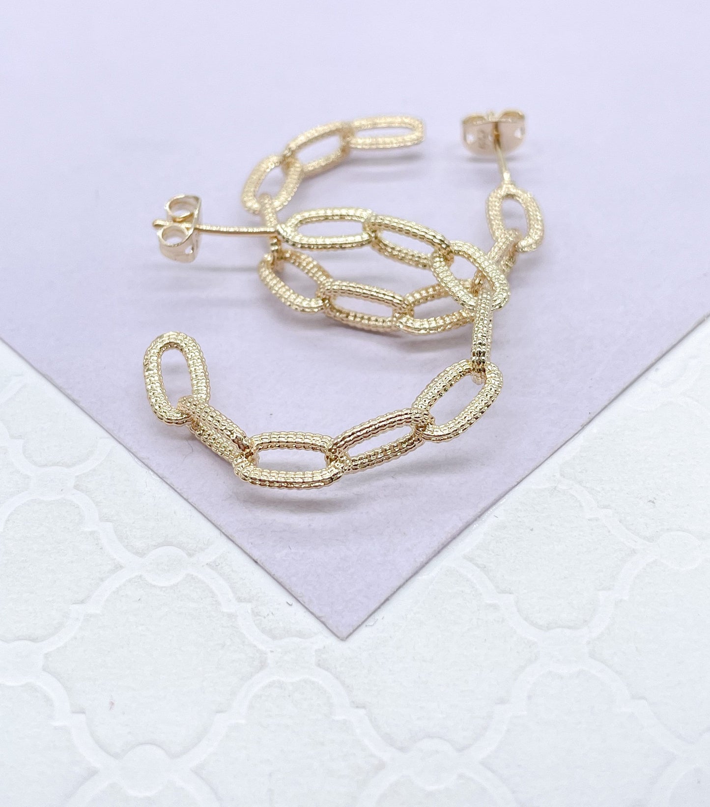 18k Gold Filled Rough Textured Paper Clip Open Hoop Earring