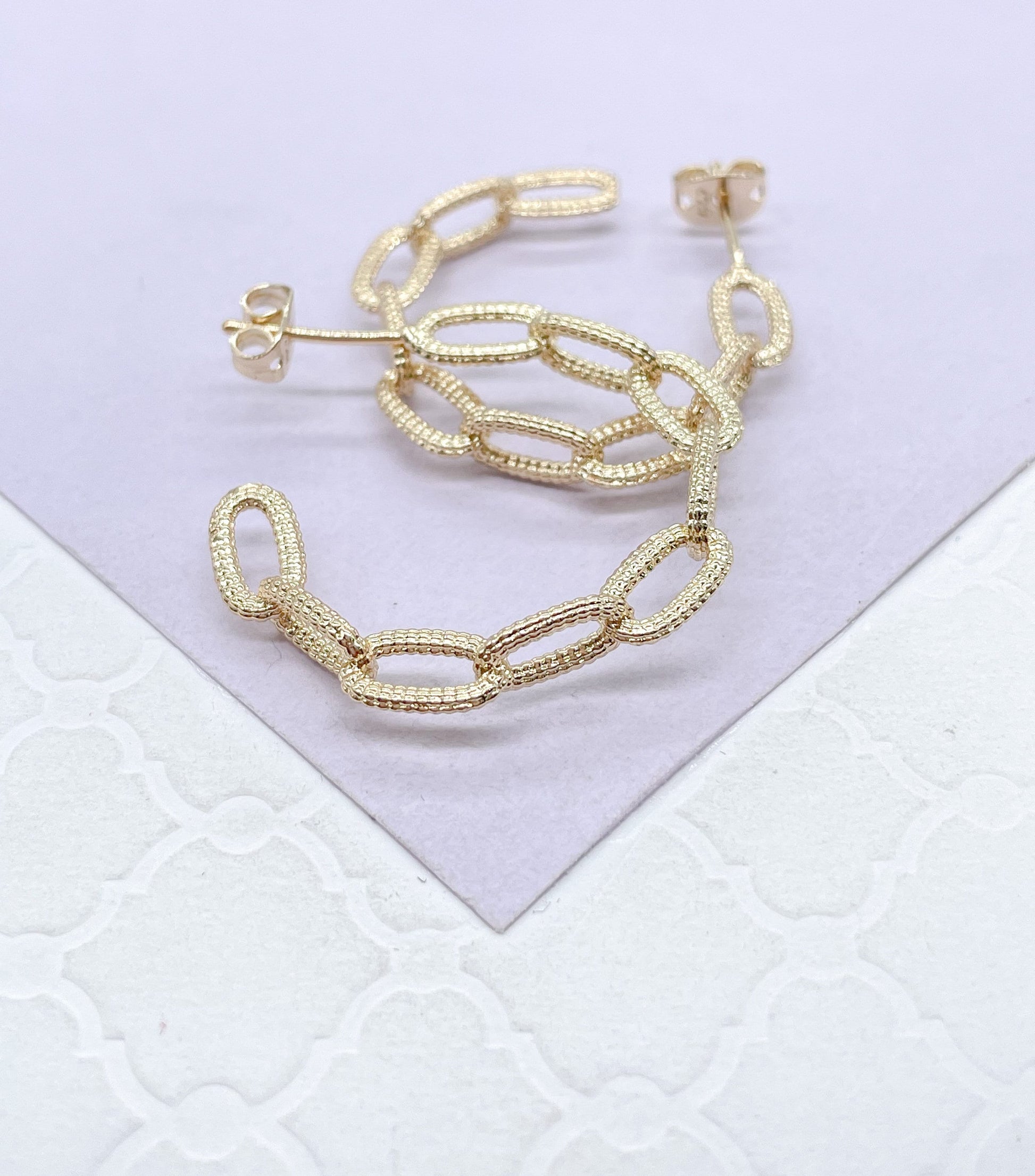 18k Gold Filled Rough Textured Paper Clip Open Hoop Earring