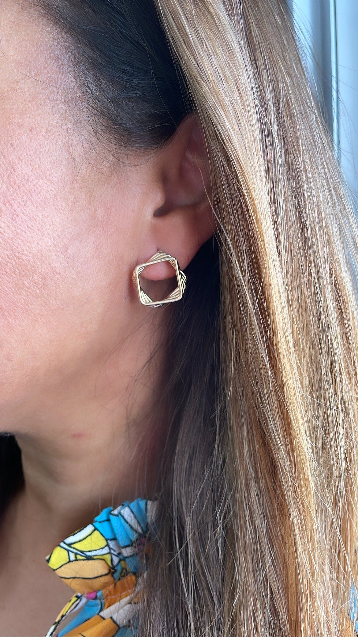 18k Gold Filled Smooth & Small Geometric Square Spiral Pushback Earring