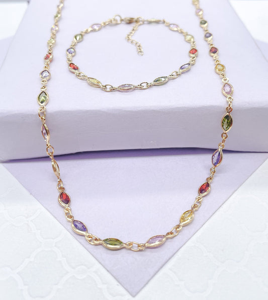18k Gold Filled Dainty Bridal/Formal Jewelry Set Oval Diamond Cut Set, Available in Clear CZ & Multi-Color