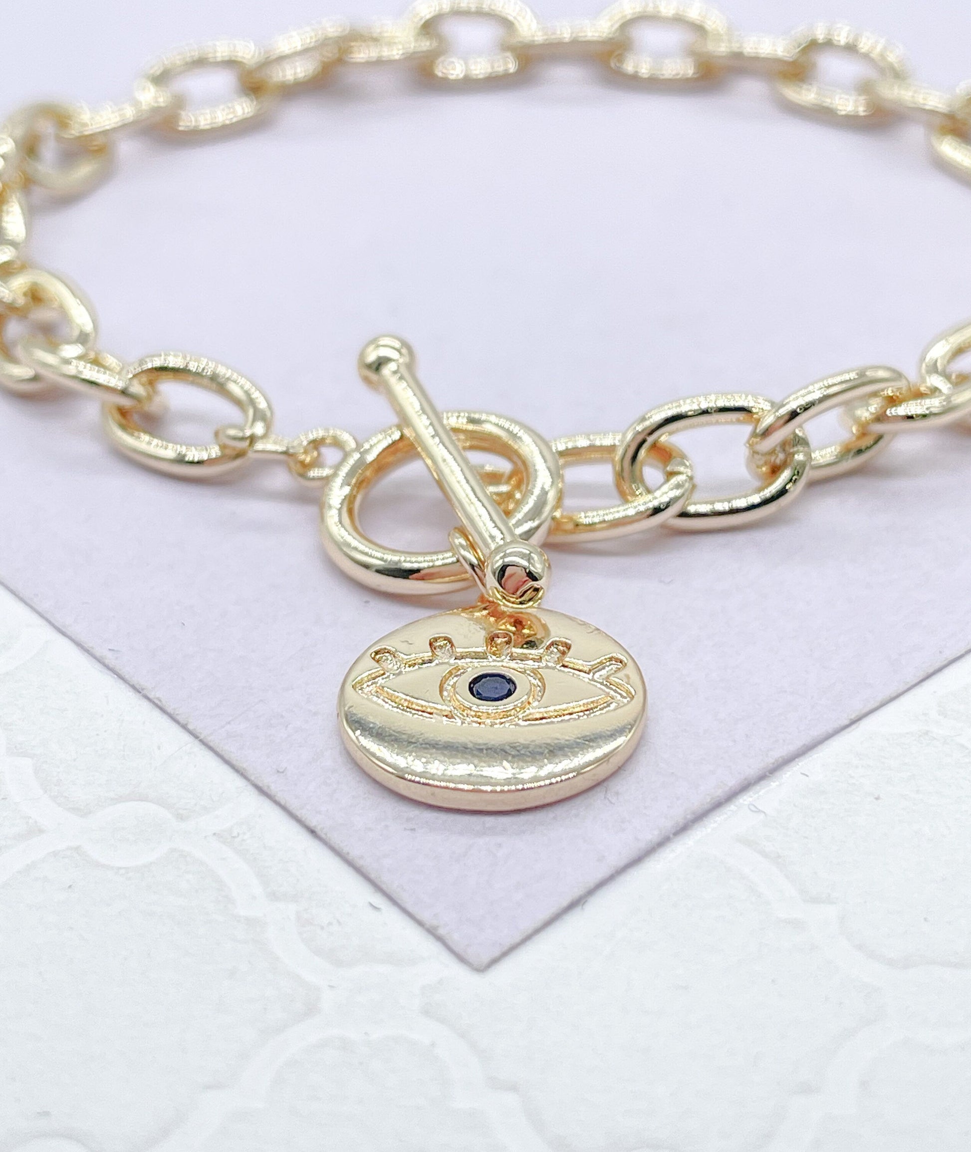 18k Gold Filled Chunky Link Toggle Bracelet with Evil Eye Charm, Summer Jewlery, Evil Eye Jewlery, Protection Jewlery, For Her