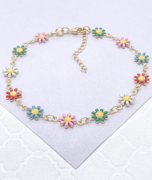 18k Gold Filled Colorful Enamel Multicolored Flower-Patterned Bracelet, Summer Jewlery Nature Jewlery, For Her, For Girl