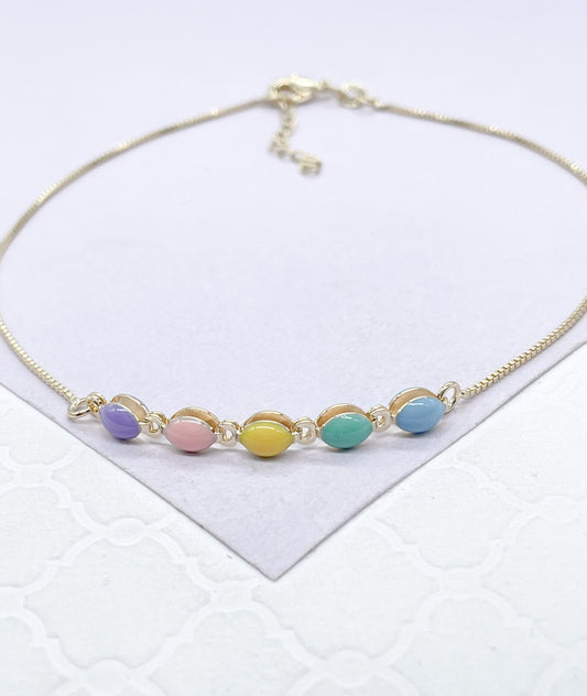 18k Gold Filled Box Chain Anklet with Pastel Colored Enamel Hollow Beads