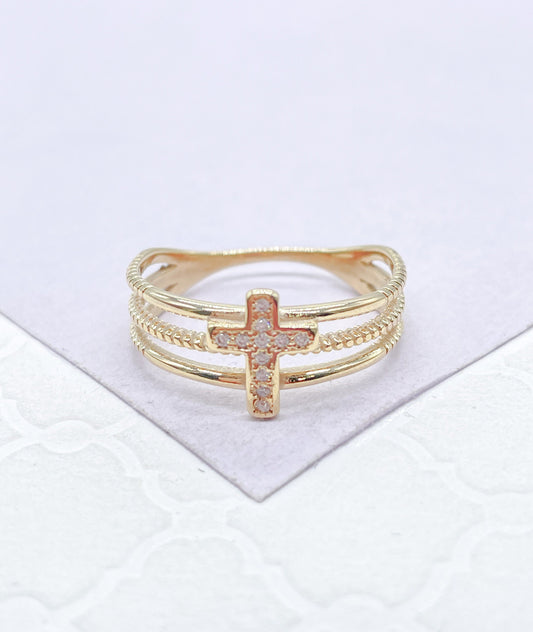 18k Gold Filled 3 Band Ring with CZ Cross Engraved in Center