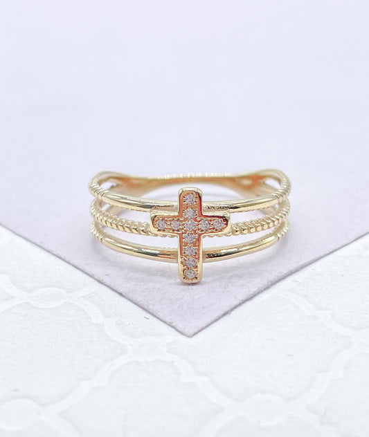 18k Gold Filled 3 Band Ring with CZ Cross Engraved in Center