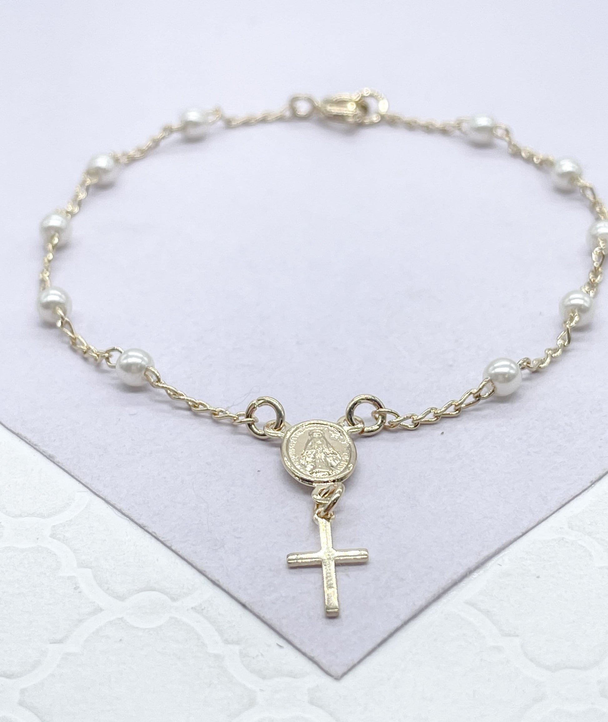 18k Dainty Gold Filled Beaded Pearl Satellite Rosary Bracelet with Virgin Mary and Crucifix Charm