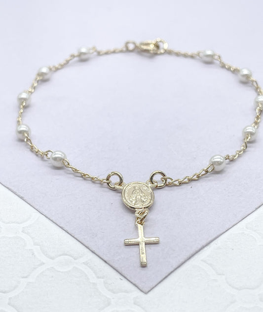 18k Dainty Gold Filled Beaded Pearl Satellite Rosary Bracelet with Virgin Mary and Crucifix Charm