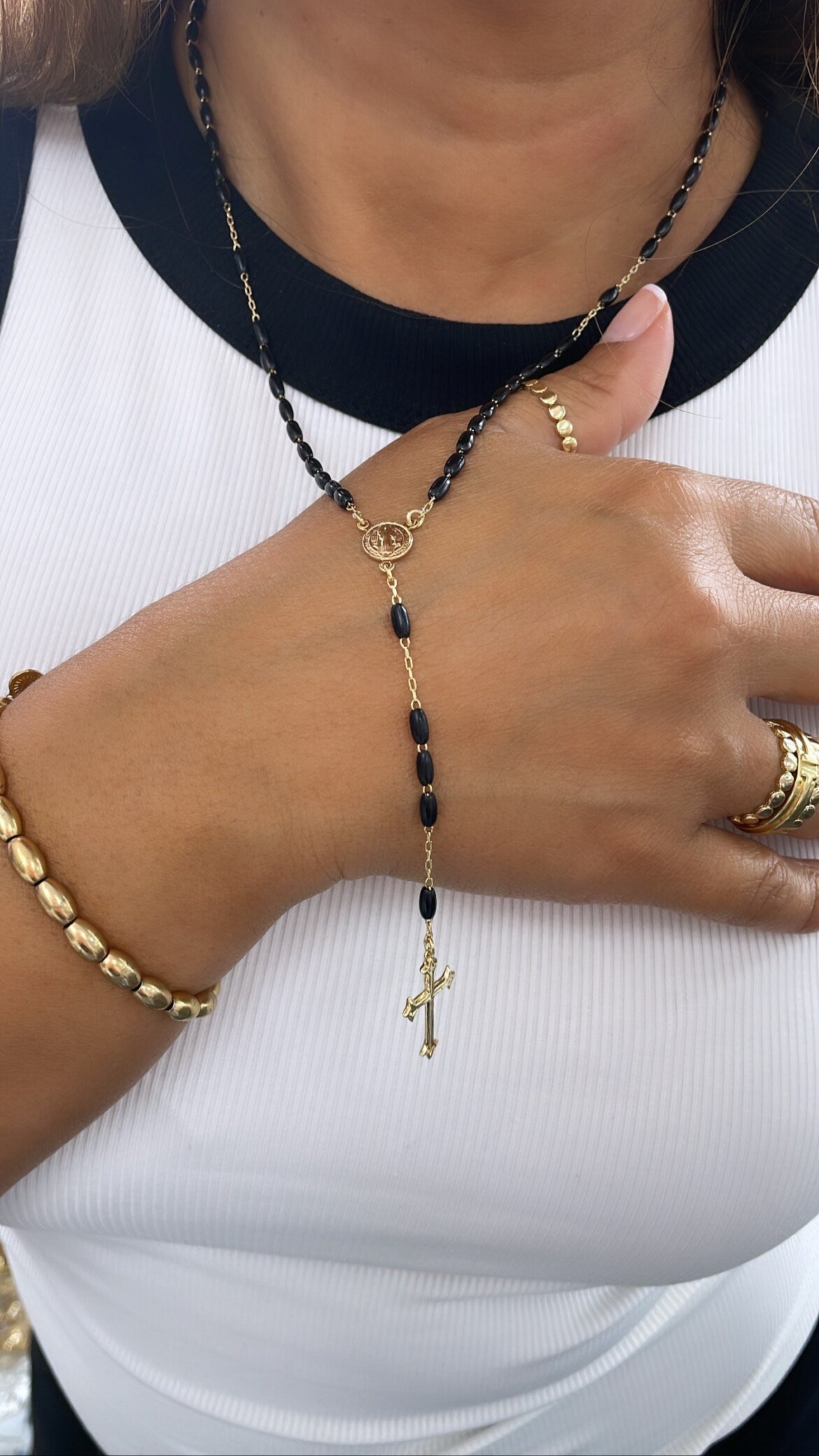 18k Gold Filled Oval Beaded Rosary with Dual San Benito & Crucifix Charm