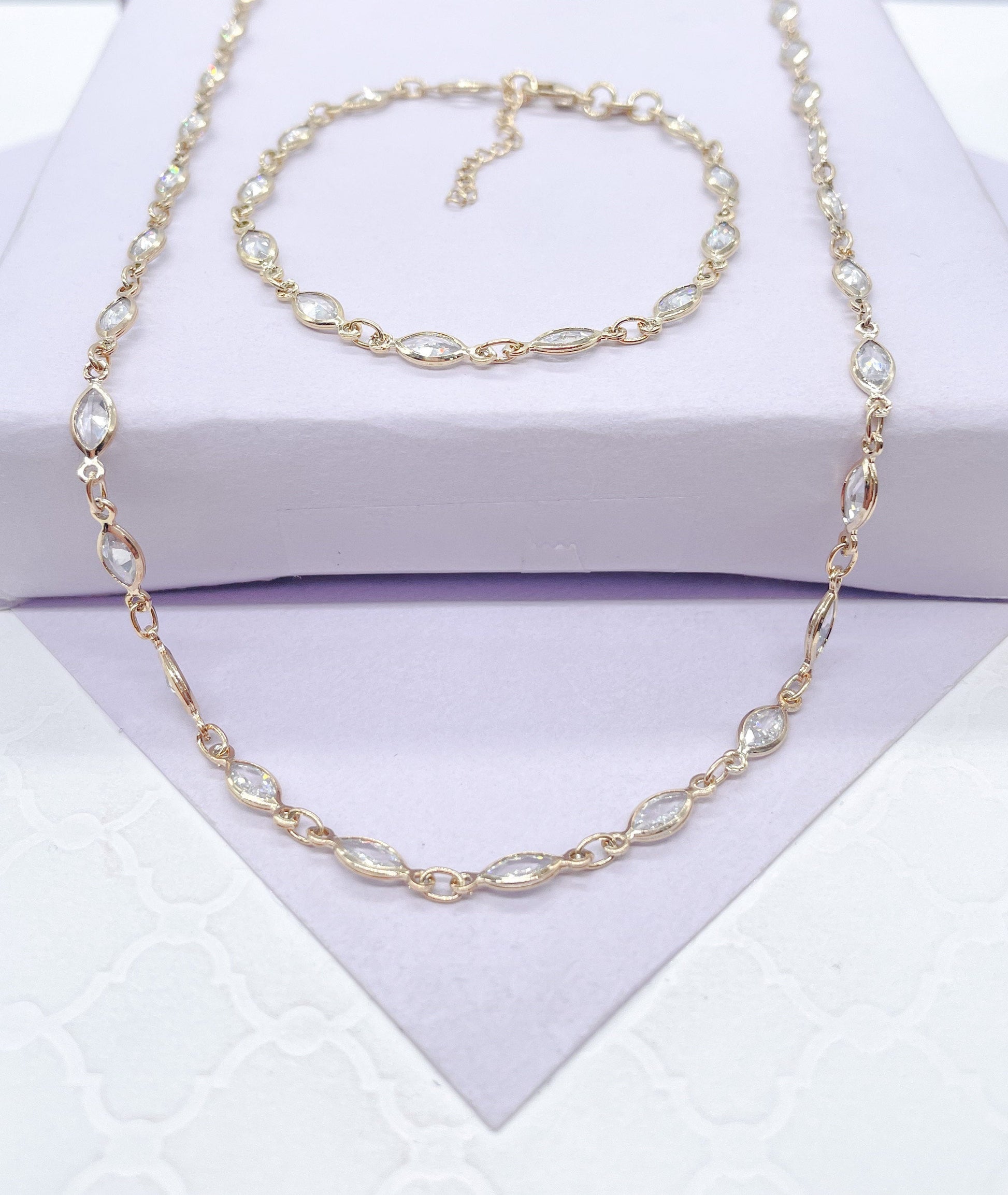 18k Gold Filled Dainty Bridal/Formal Jewelry Set Oval Diamond Cut Set, Available in Clear CZ & Multi-Color