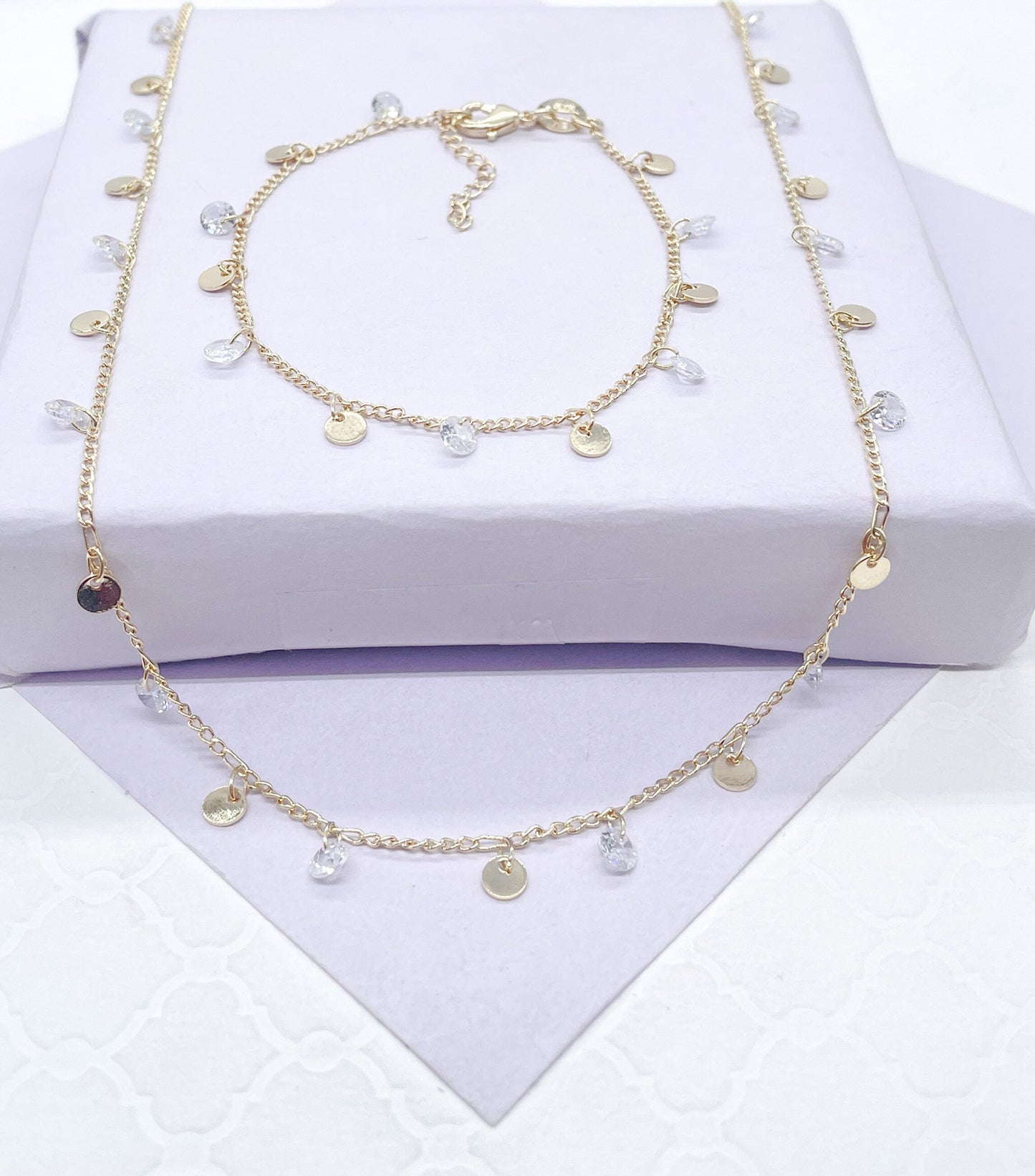 18k Gold Filled Dainty Curb Link Choker Set With Small CZ Flat Beaded Charms Dangling, For Her, Summer Jewlery, Bridal Jewlery