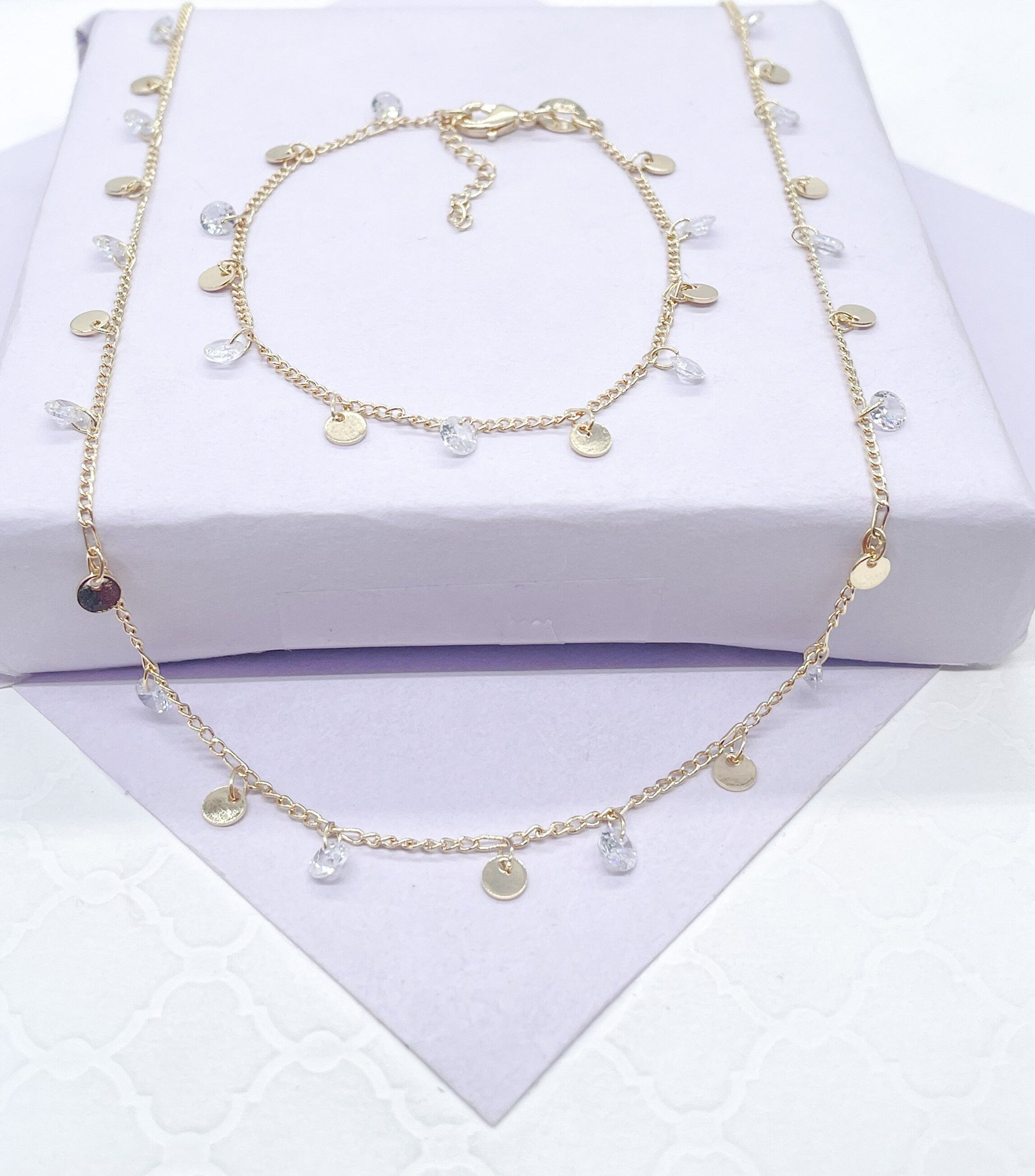 18k Gold Filled Dainty Curb Link Choker Set With Small CZ Flat Beaded Charms Dangling, For Her, Summer Jewlery, Bridal Jewlery