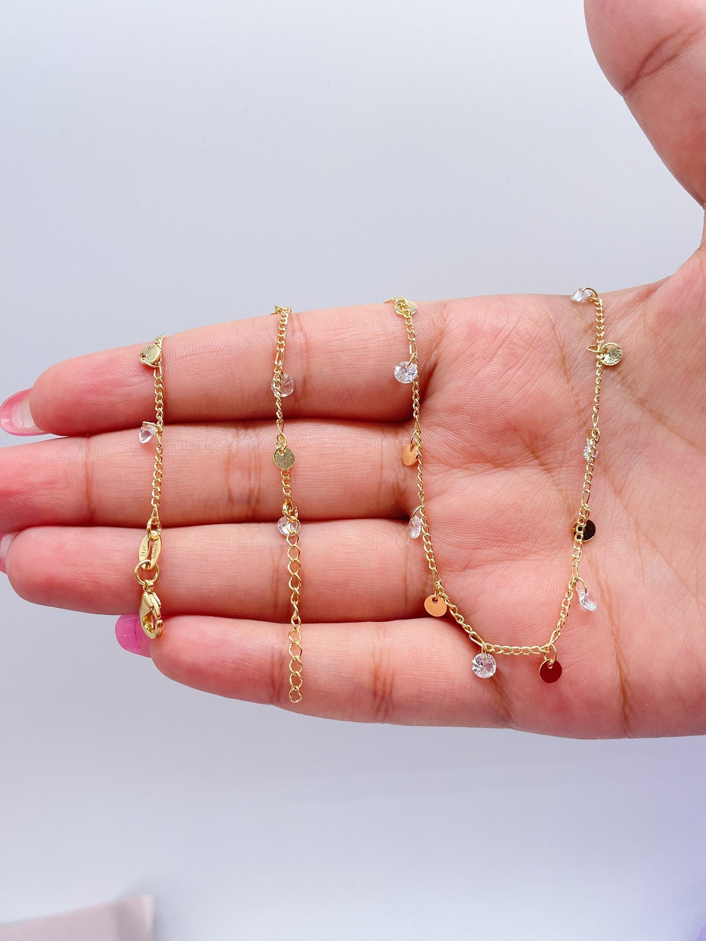 18k Gold Filled Dainty Curb Link Choker Set With Small CZ Flat Beaded Charms Dangling, For Her, Summer Jewlery, Bridal Jewlery