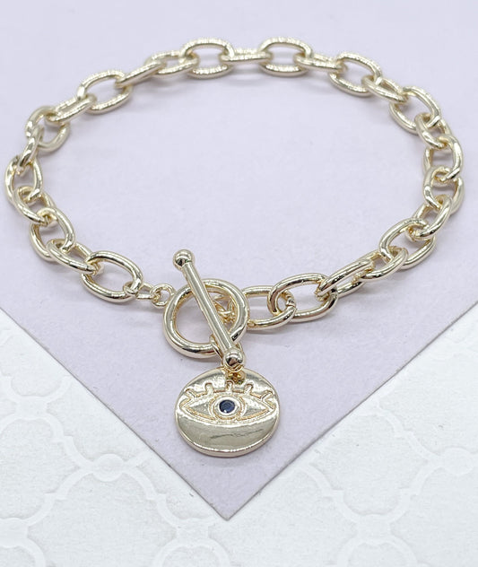 18k Gold Filled Chunky Link Toggle Bracelet with Evil Eye Charm, Summer Jewlery, Evil Eye Jewlery, Protection Jewlery, For Her