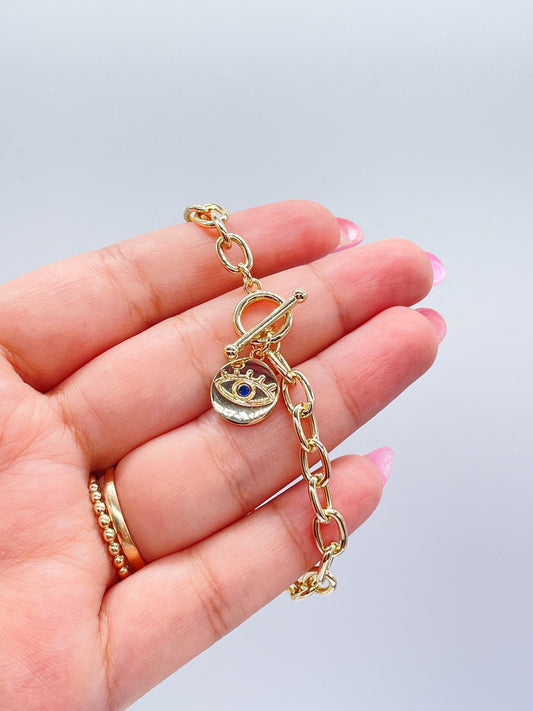 18k Gold Filled Chunky Link Toggle Bracelet with Evil Eye Charm, Summer Jewlery, Evil Eye Jewlery, Protection Jewlery, For Her
