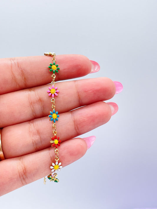 18k Gold Filled Colorful Enamel Multicolored Flower-Patterned Bracelet, Summer Jewlery Nature Jewlery, For Her, For Girl