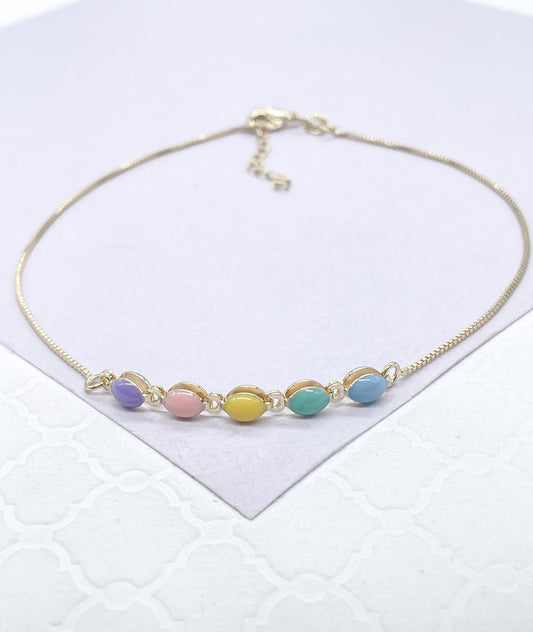 18k Gold Filled Box Chain Anklet with Pastel Colored Enamel Hollow Beads
