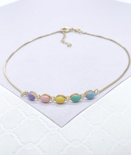 18k Gold Filled Box Chain Anklet with Pastel Colored Enamel Hollow Beads