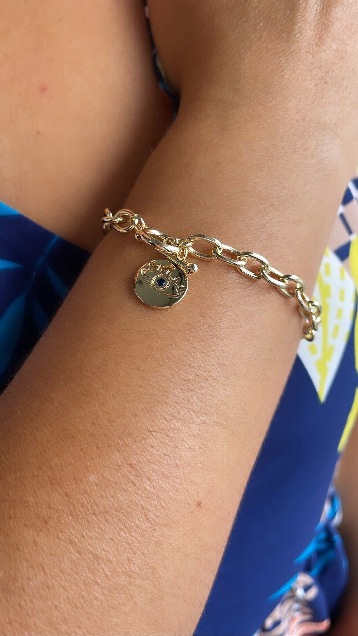 18k Gold Filled Chunky Link Toggle Bracelet with Evil Eye Charm, Summer Jewlery, Evil Eye Jewlery, Protection Jewlery, For Her