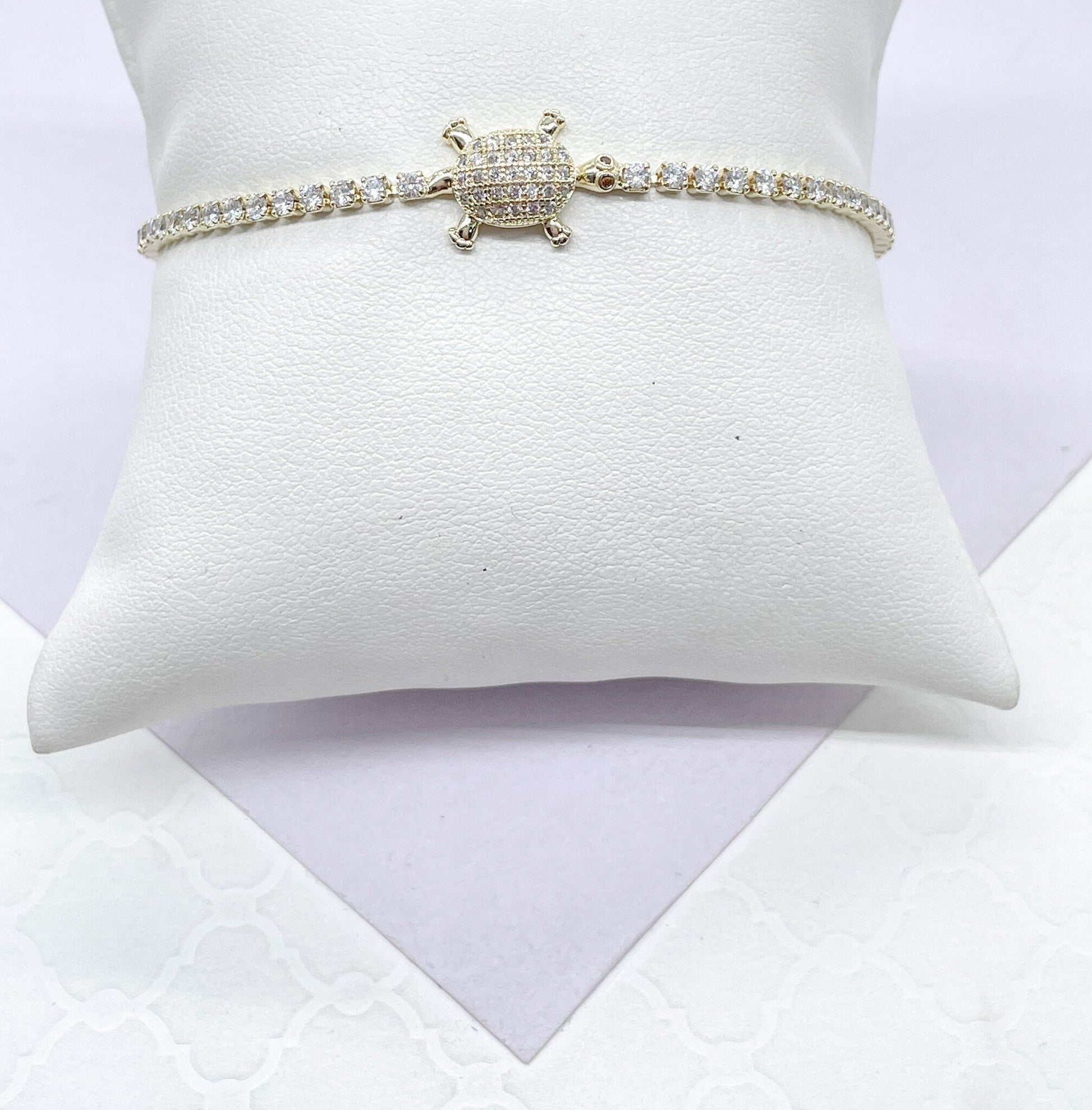 18k Gold Filled Adjustable Cubic Zirconia Turtle Bracelet Connected in a Slide Clasp Bracelet