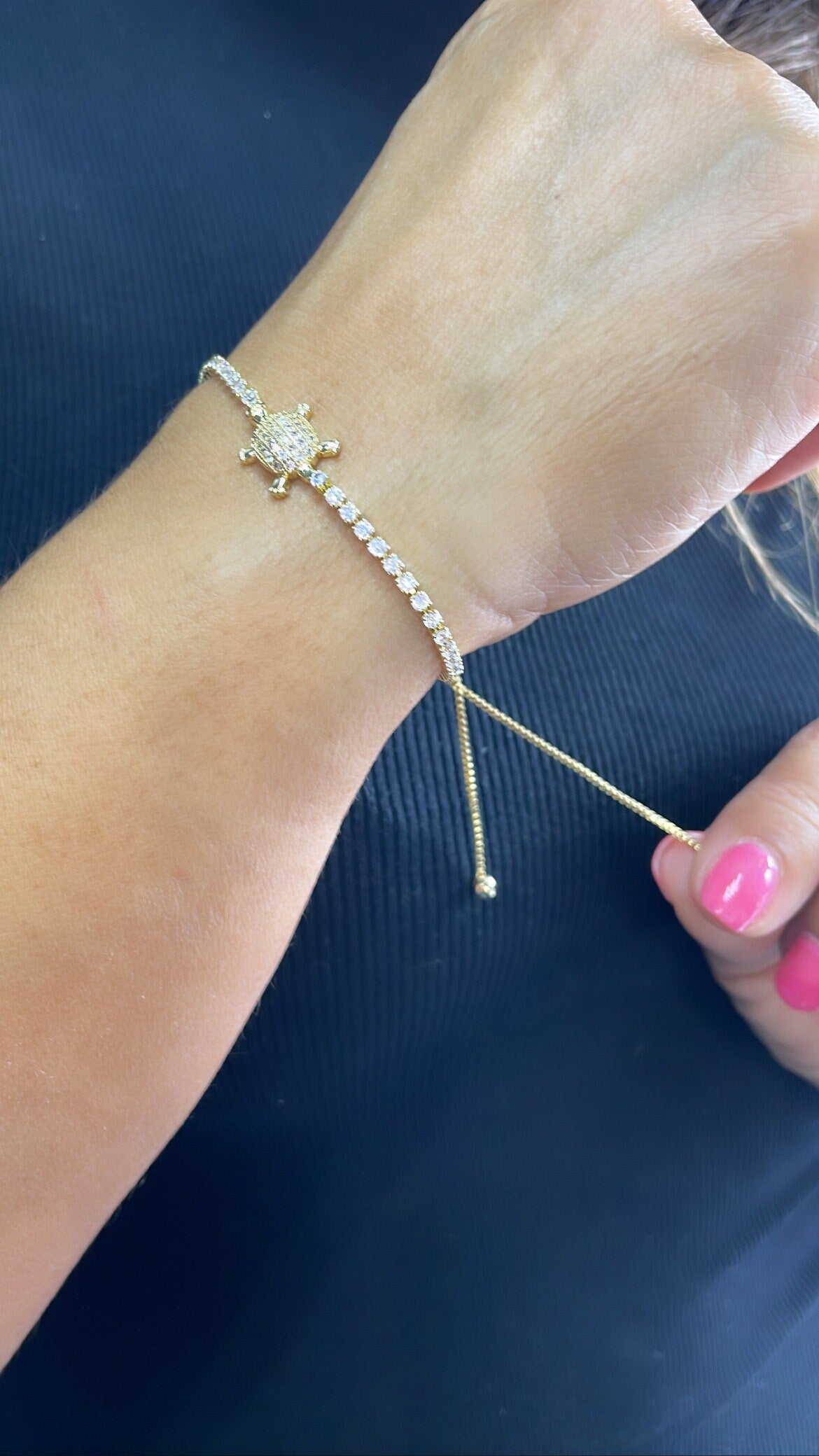 18k Gold Filled Adjustable Cubic Zirconia Turtle Bracelet Connected in a Slide Clasp Bracelet