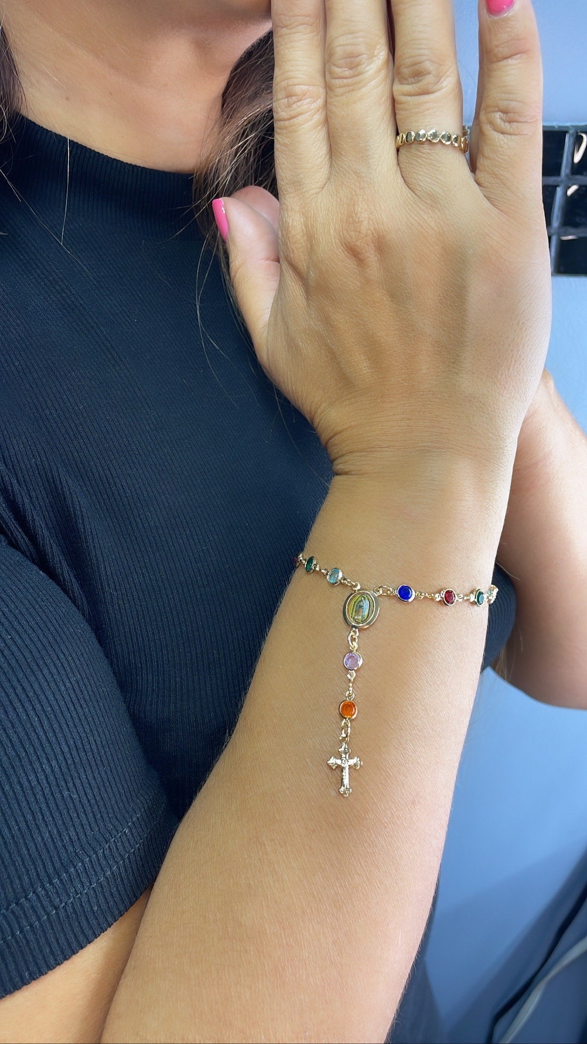 18k Gold Filled Small Round Colorful Rosary Bracelet, Multicolor Fashion Guadalupe Medal
