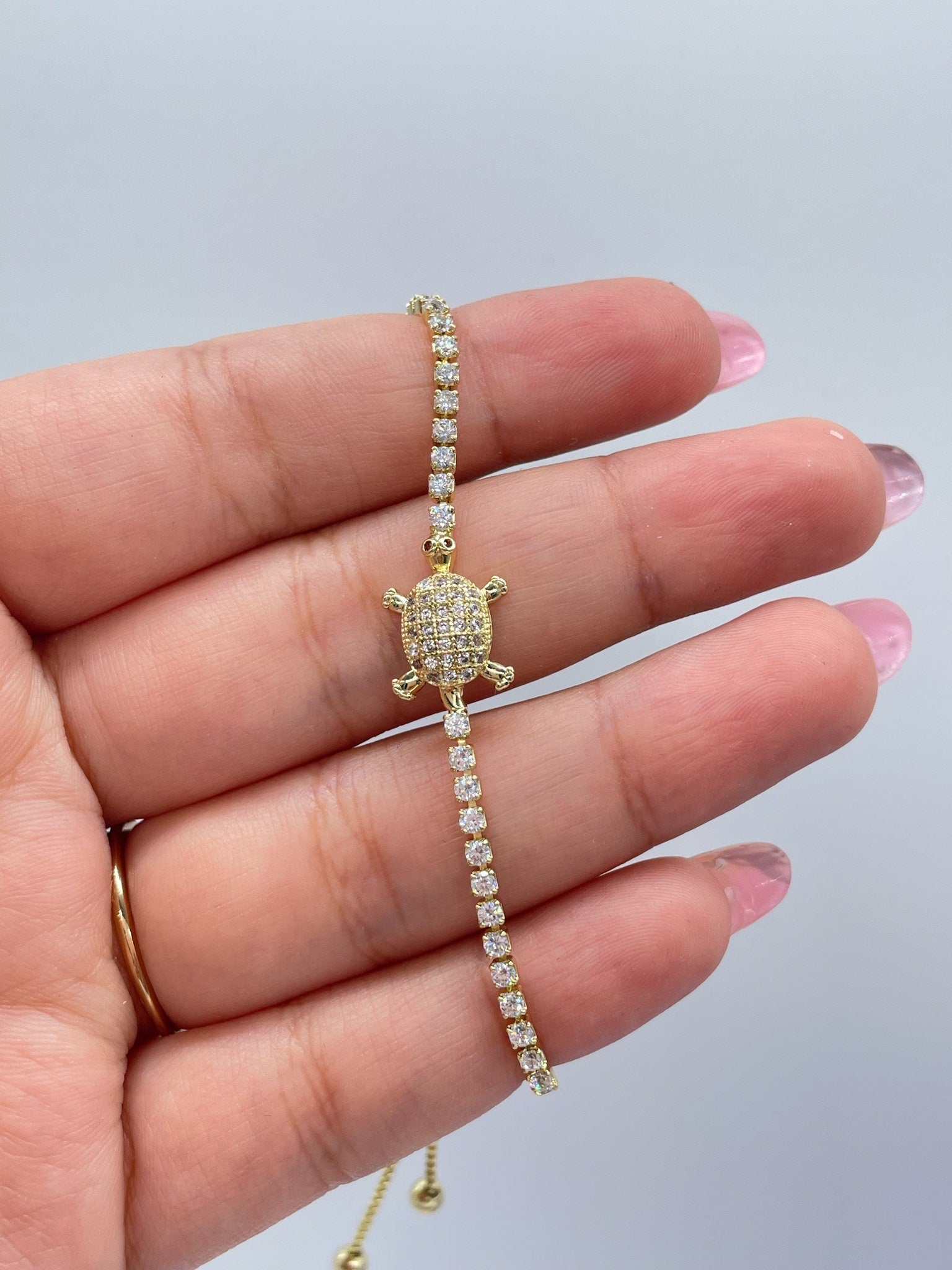 18k Gold Filled Adjustable Cubic Zirconia Turtle Bracelet Connected in a Slide Clasp Bracelet