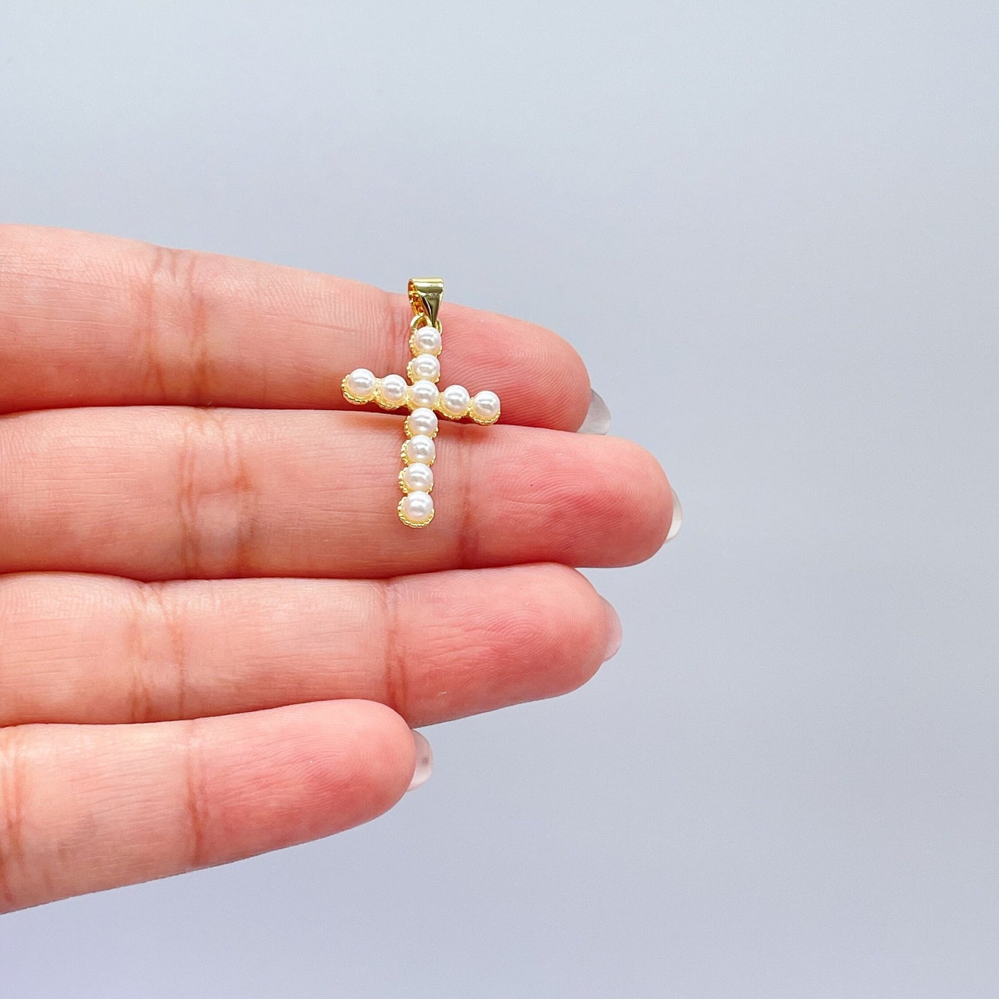 18k Gold Filled Beaded Faux Pearl Cross, Available In 2 Sizes