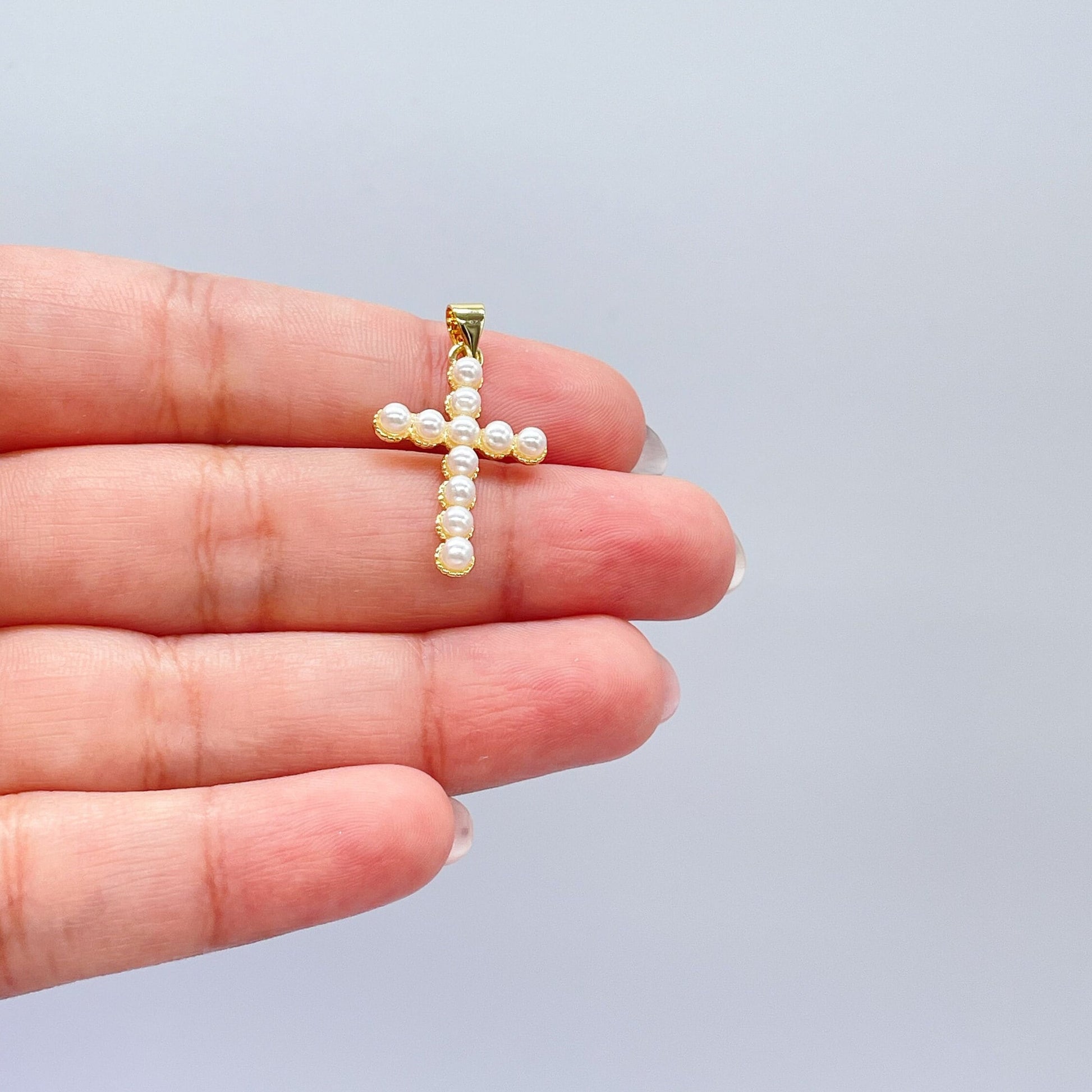18k Gold Filled Beaded Faux Pearl Cross, Available In 2 Sizes