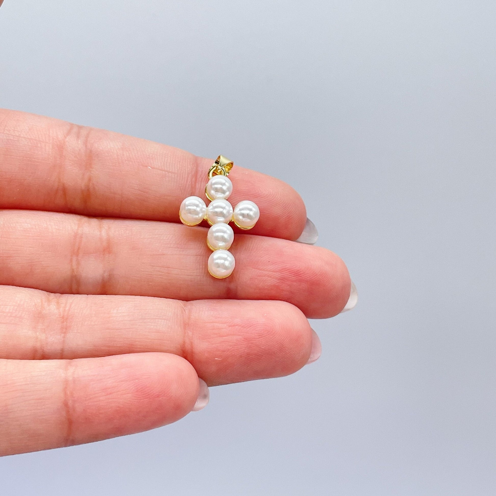18k Gold Filled Beaded Faux Pearl Cross, Available In 2 Sizes
