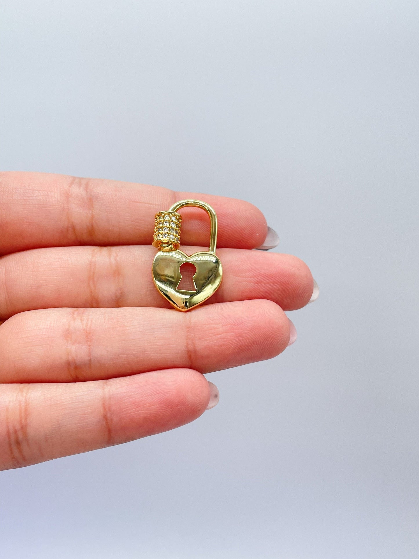 Unique 18k Gold Filled Heart Shape Carabiner Lock Clasp Featuring Plain and Pave Zirconia Style