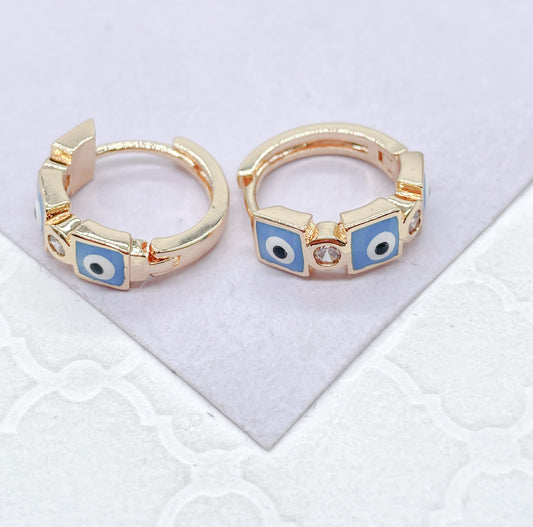 18k Gold Filled Blue Evil Eye Hoop Earrings With Small CZ Stone