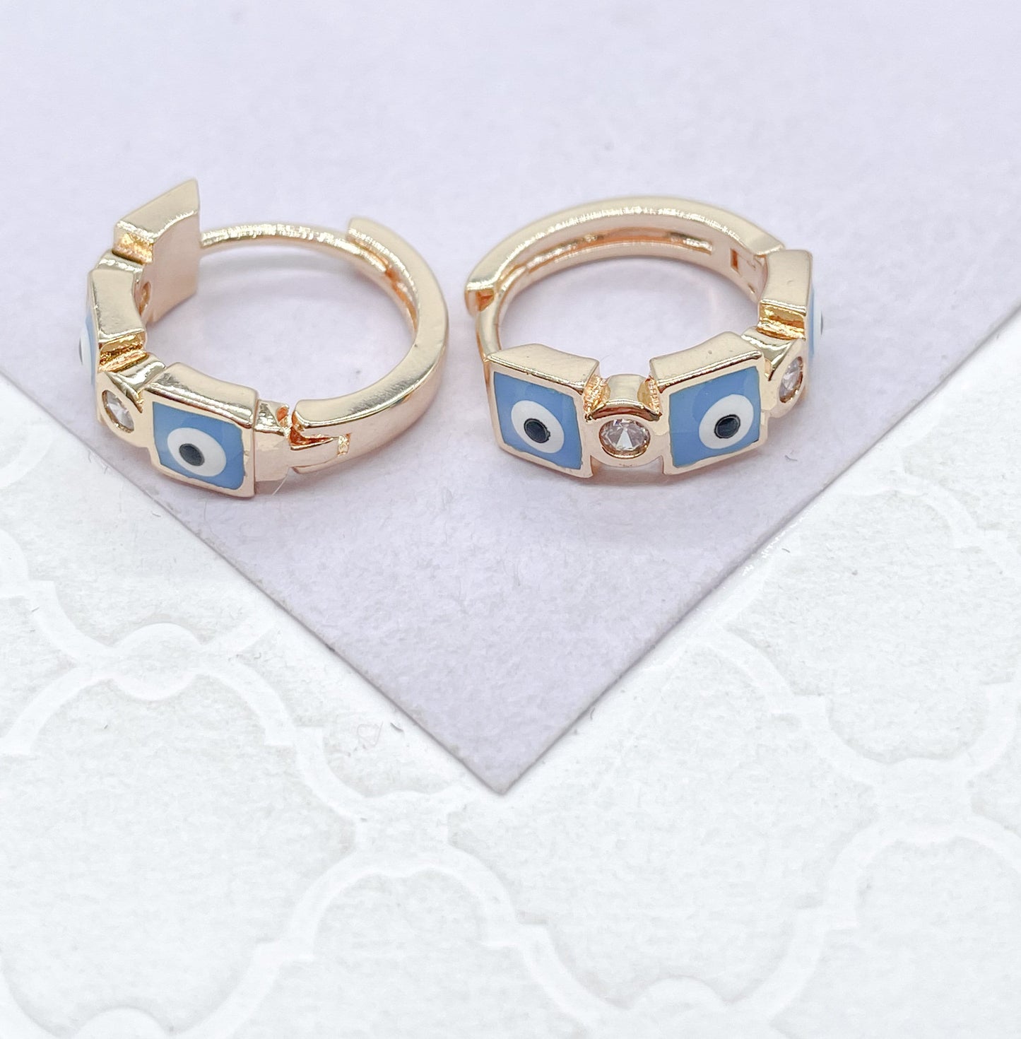 18k Gold Filled Blue Evil Eye Hoop Earrings With Small CZ Stone