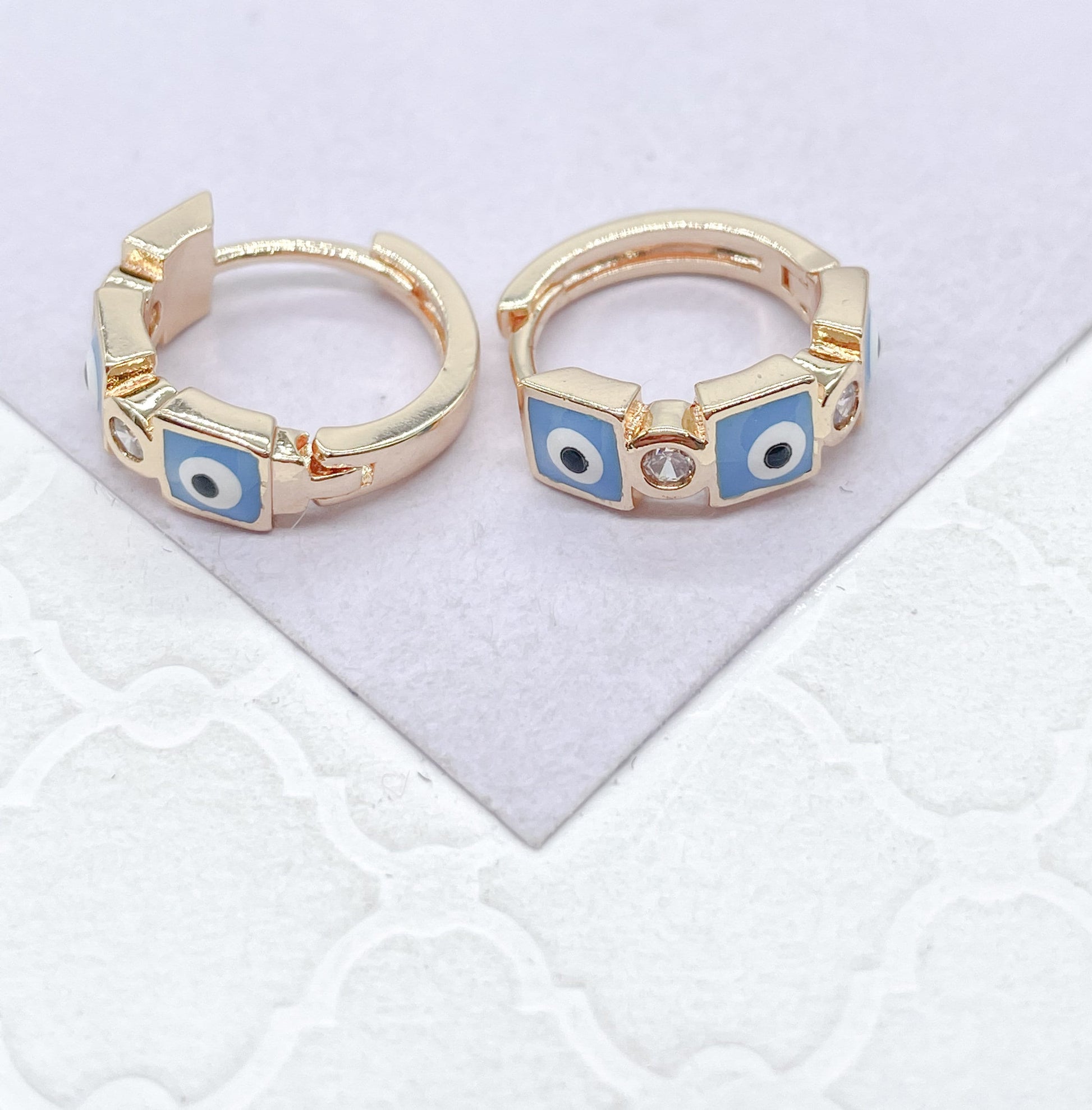 18k Gold Filled Blue Evil Eye Hoop Earrings With Small CZ Stone