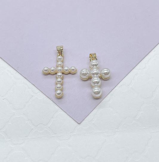 18k Gold Filled Beaded Faux Pearl Cross, Available In 2 Sizes