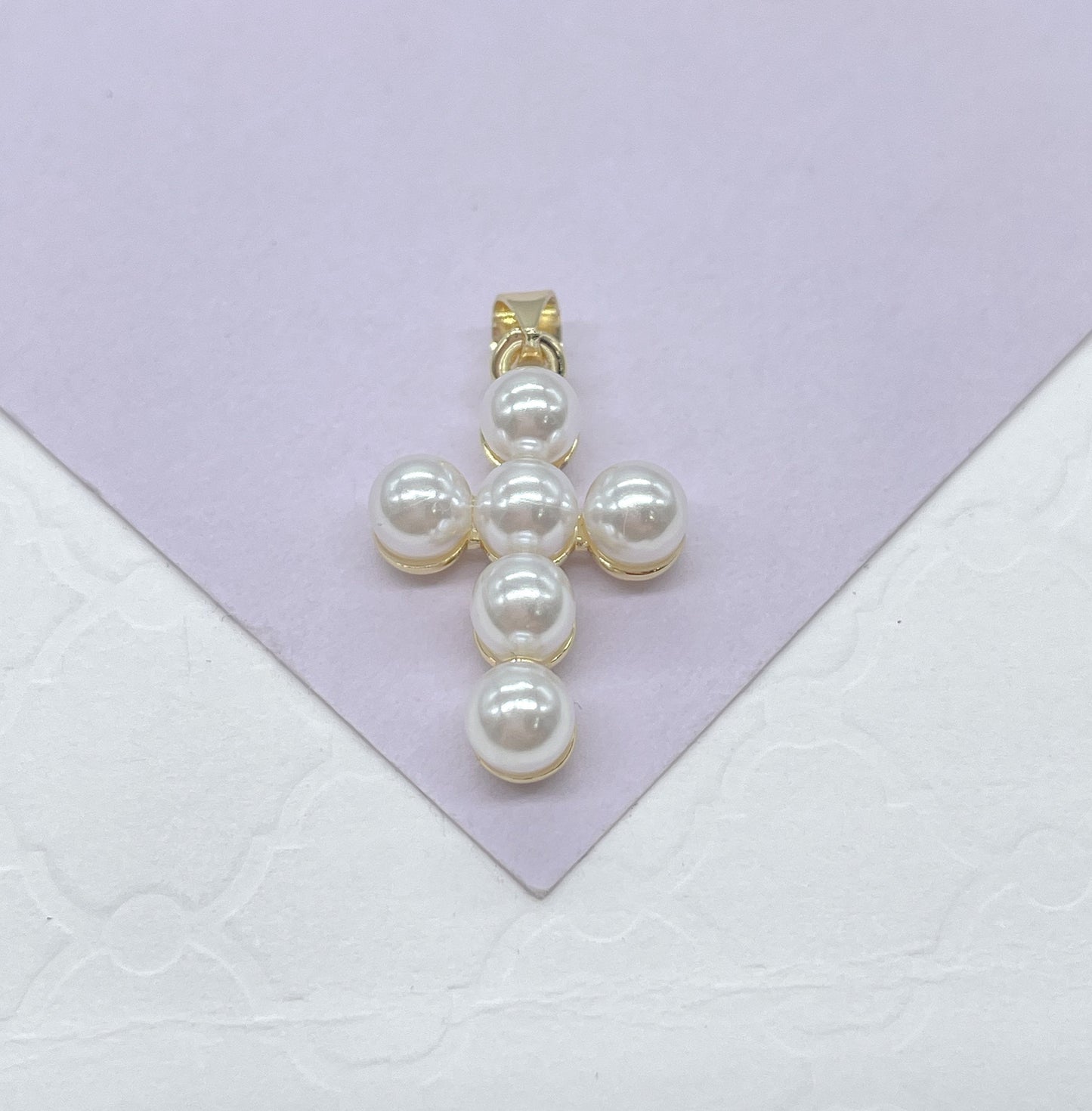 18k Gold Filled Beaded Faux Pearl Cross, Available In 2 Sizes