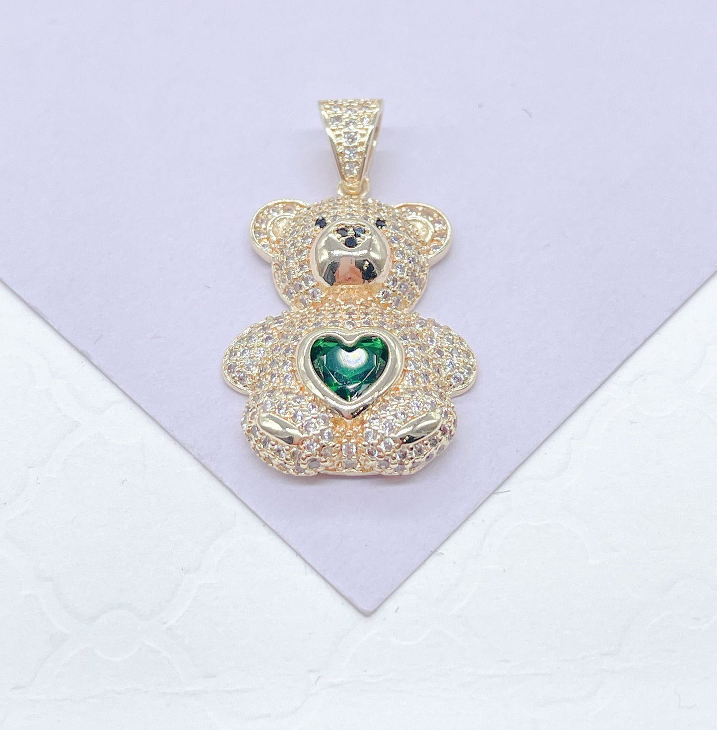 18k Gold Filled Chunky Bear Charm With Colorful Heart Center Piece, Animal Charm, Waterproof Jewlery, Hypoallergenic Jewle