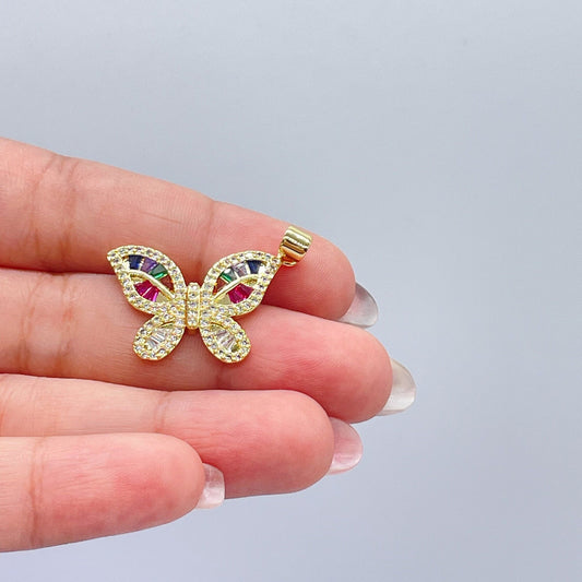 18k Gold Filled Colorful Butterfly Pendant with Colorful Baguette Stones and White Pave