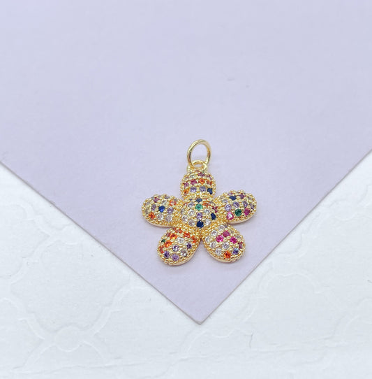 18k Gold Filled Tiny Chubby Colorful Pave Flower Charm For Jewlery Making