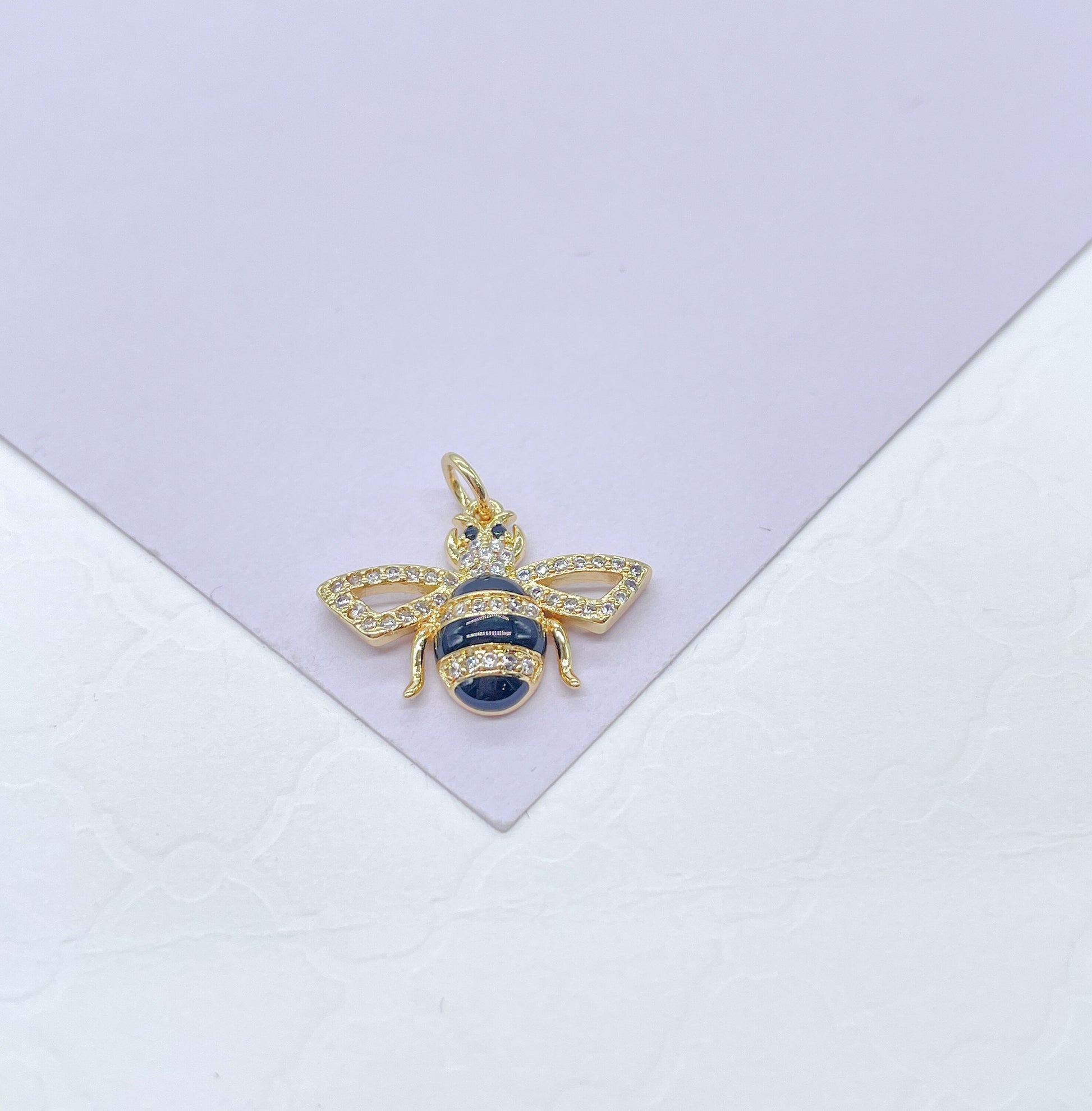 18k Gold Filled Black Stripe & All Gold Bee Pendant Both with White Pave Stones
