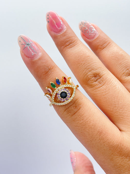 18k Gold Filled Adjustable Evil Eye Ring Crowned Featuring Multi Color Zirconia Stones