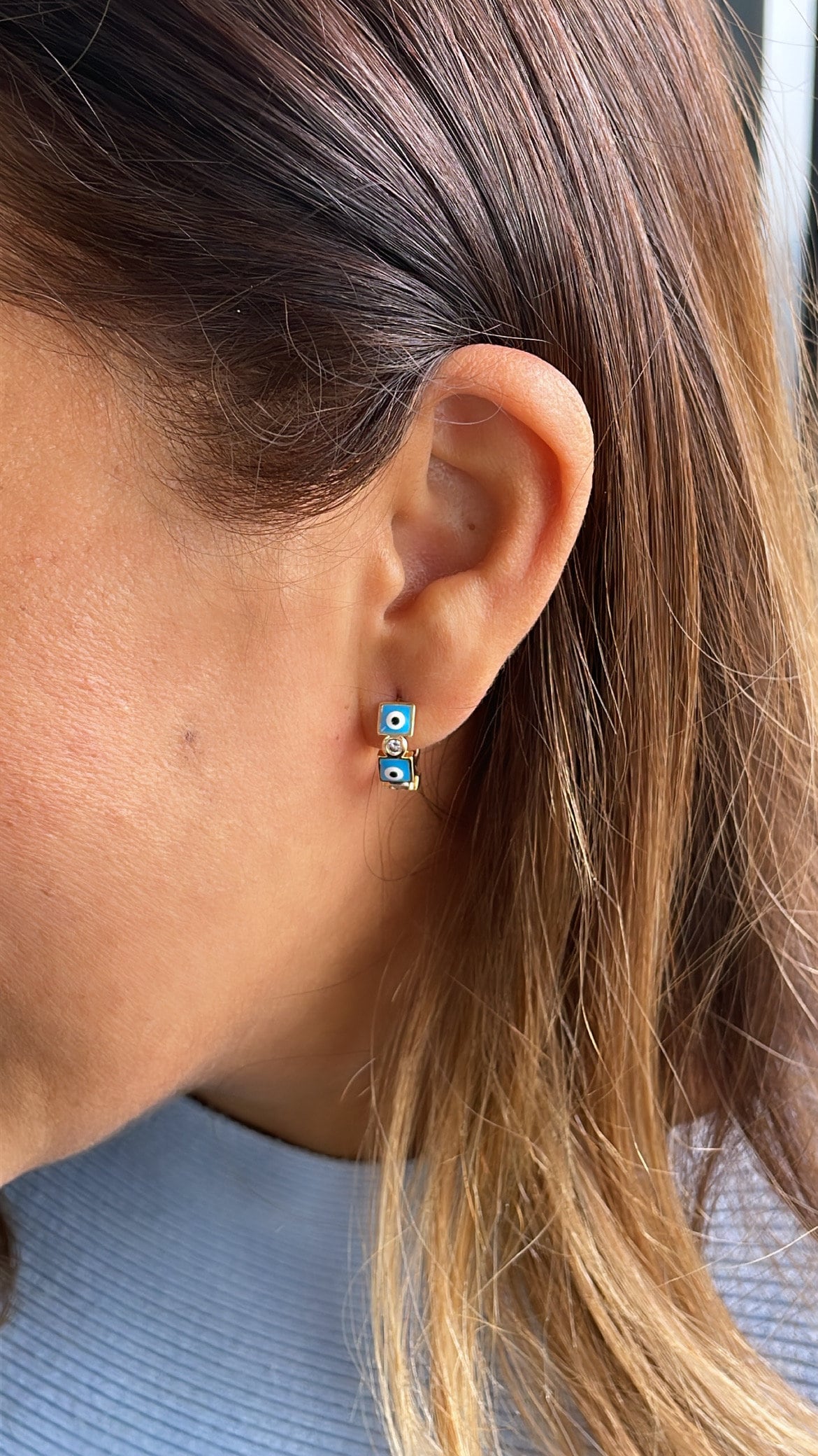 18k Gold Filled Blue Evil Eye Hoop Earrings With Small CZ Stone