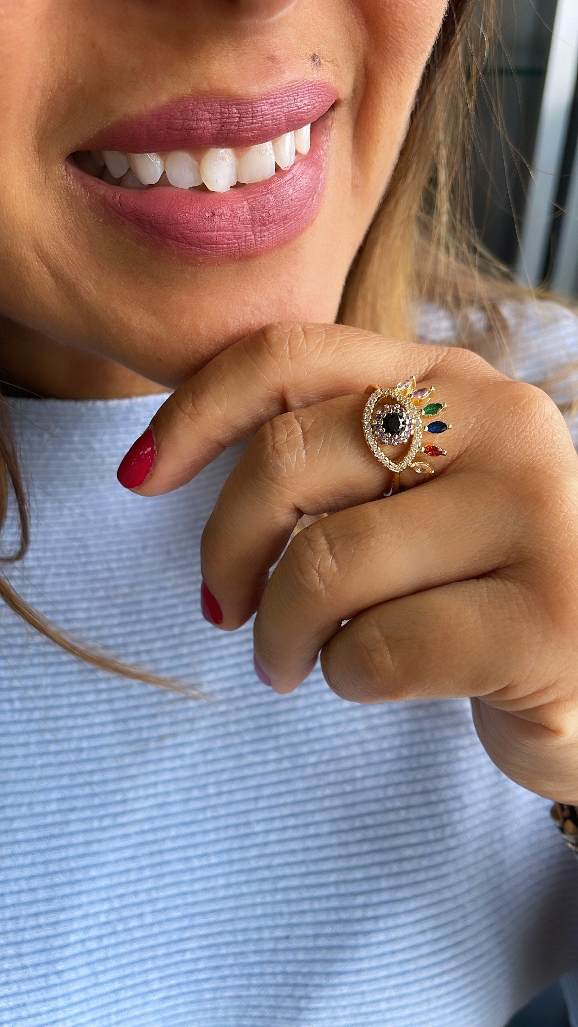18k Gold Filled Adjustable Evil Eye Ring Crowned Featuring Multi Color Zirconia Stones