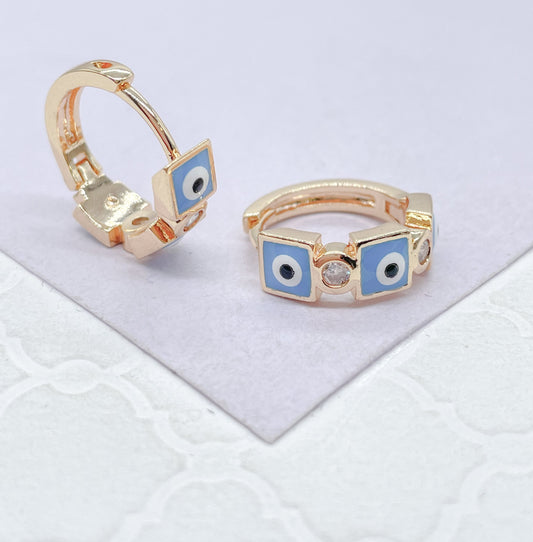 18k Gold Filled Blue Evil Eye Hoop Earrings With Small CZ Stone