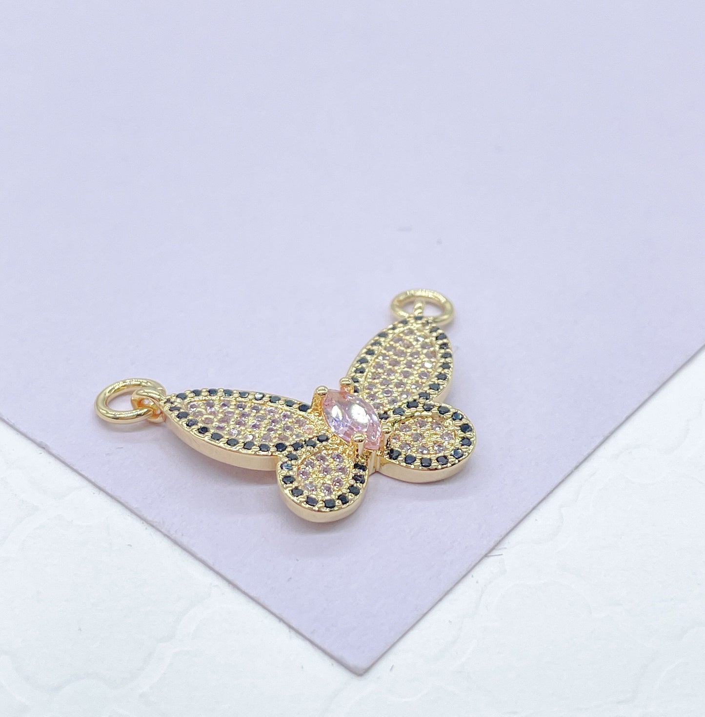 18k Gold Filled Baby Pink Butterfly Pendant With Black Pave Outline With Marquise Cut Center, For Jewlery Making, Dainty Butterfly