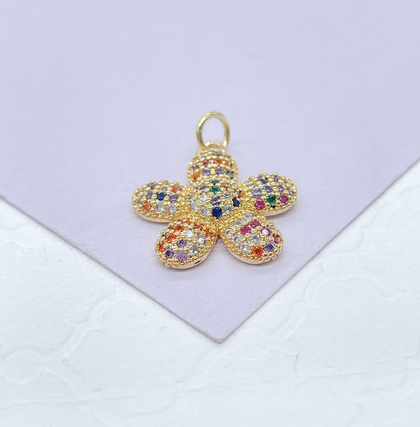 18k Gold Filled Tiny Chubby Colorful Pave Flower Charm For Jewlery Making
