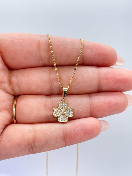 18k Gold Filled Chuby CZ Pave Four Leaf Clover Pave Pendant, Gift For Her, Irish Clover, Good Luck Charm, Dainty Flower, Clover Jewlery,