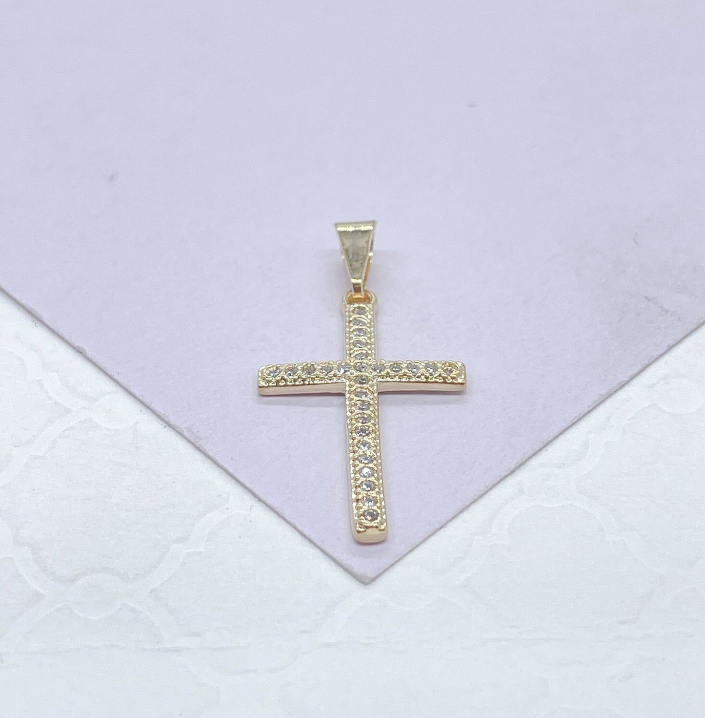 18k Gold Filled 2 Inch Tall Dainty Cross With Micro CZ